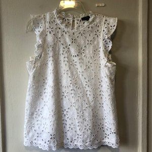 White J.Crew Mock Neck Top in Embroidered Eyelet
